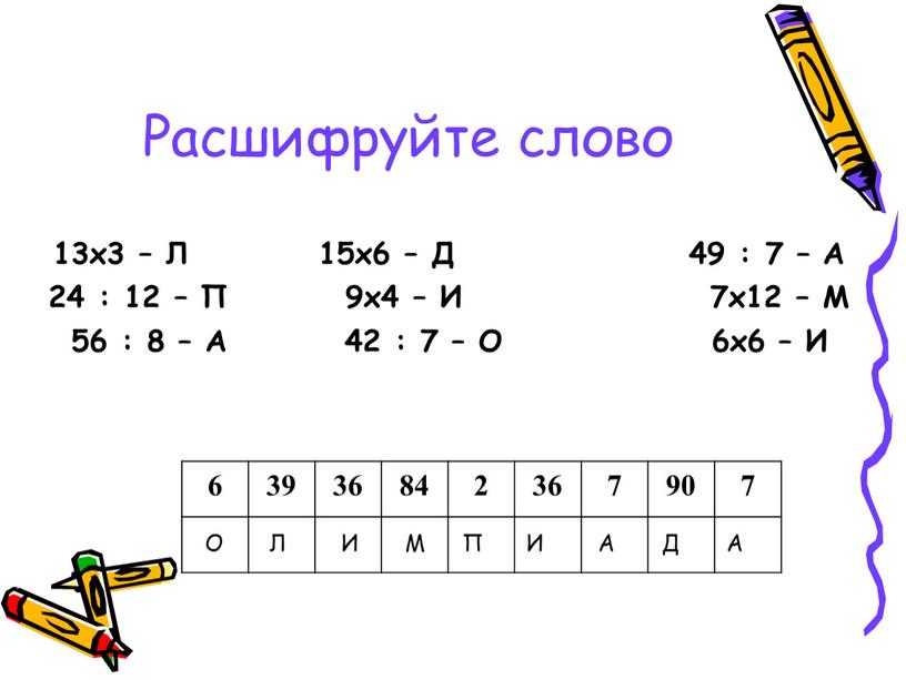 Расшифруйте слово 13х3 – Л 15х6 –