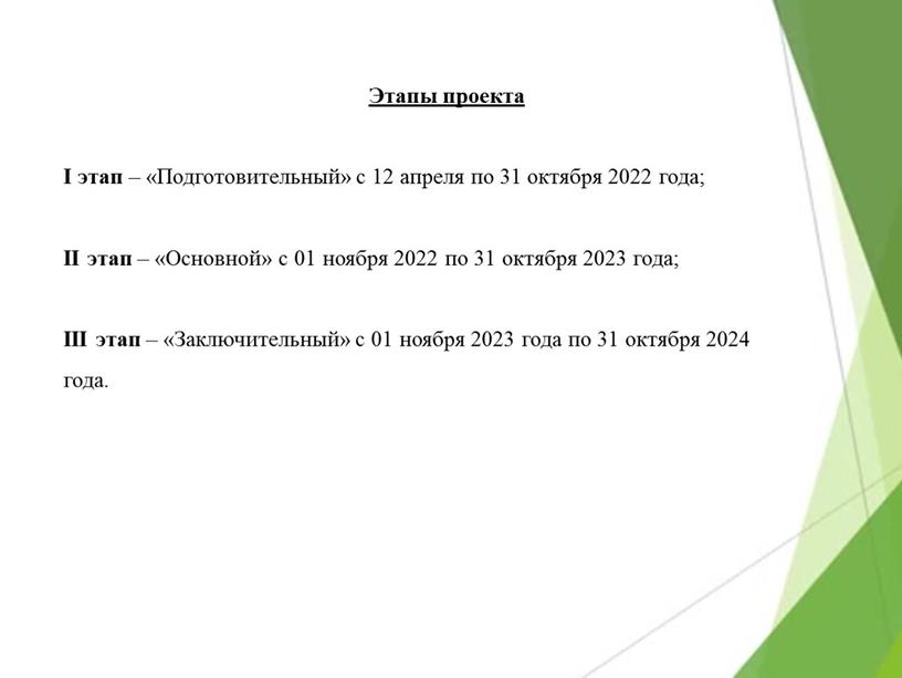 Этапы проекта I этап – «Подготовительный» с 12 апреля по 31 октября 2022 года;