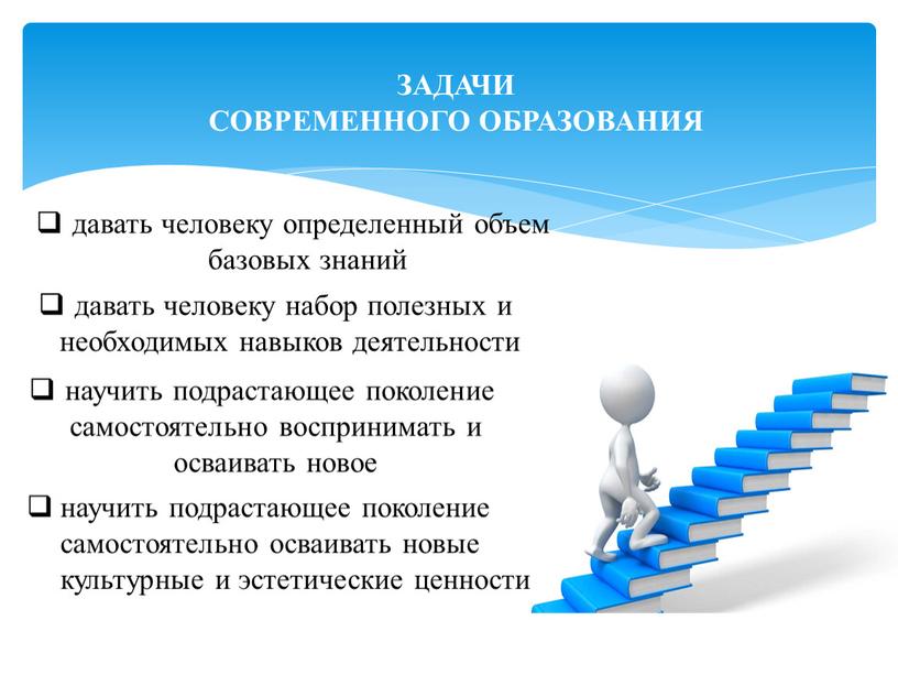 ЗАДАЧИ СОВРЕМЕННОГО ОБРАЗОВАНИЯ давать человеку определенный объем базовых знаний давать человеку набор полезных и необходимых навыков деятельности научить подрастающее поколение самостоятельно воспринимать и осваивать новое…