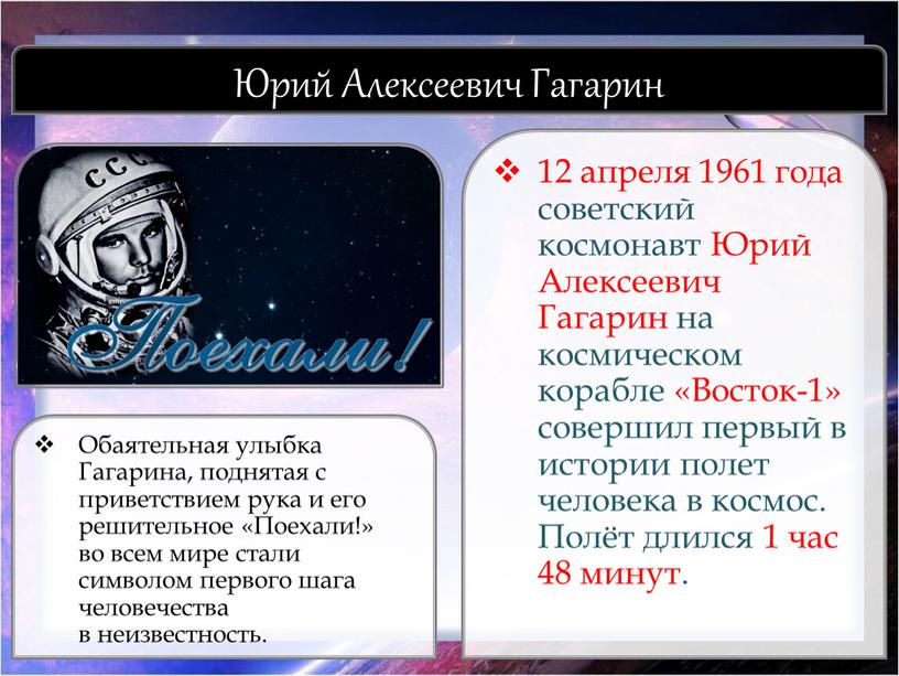 Юрий Алексеевич Гагарин 12 апреля 1961 года советский космонавт