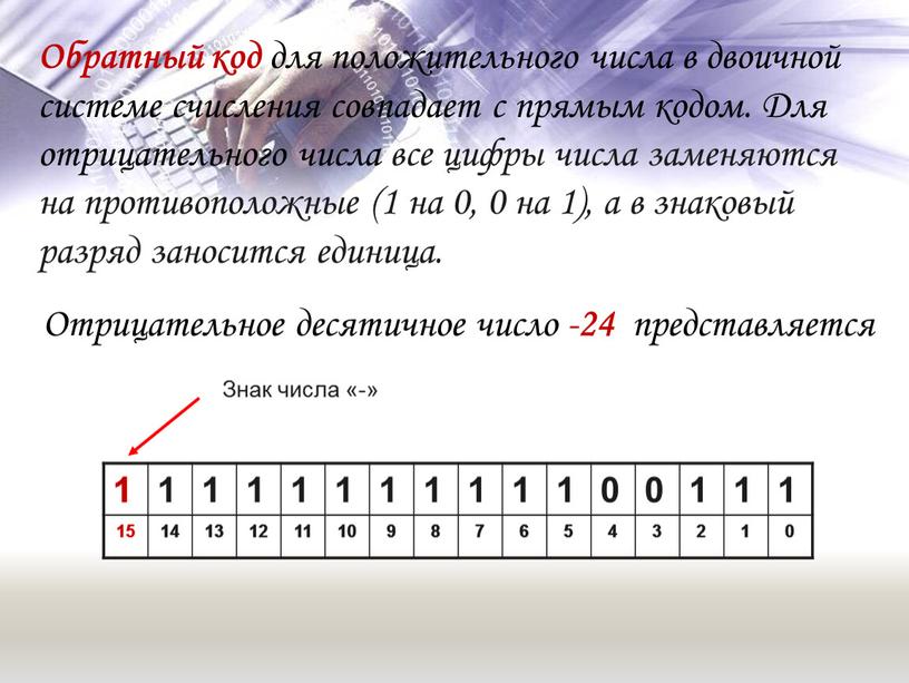 Обратный код для положительного числа в двоичной системе счисления совпадает с прямым кодом