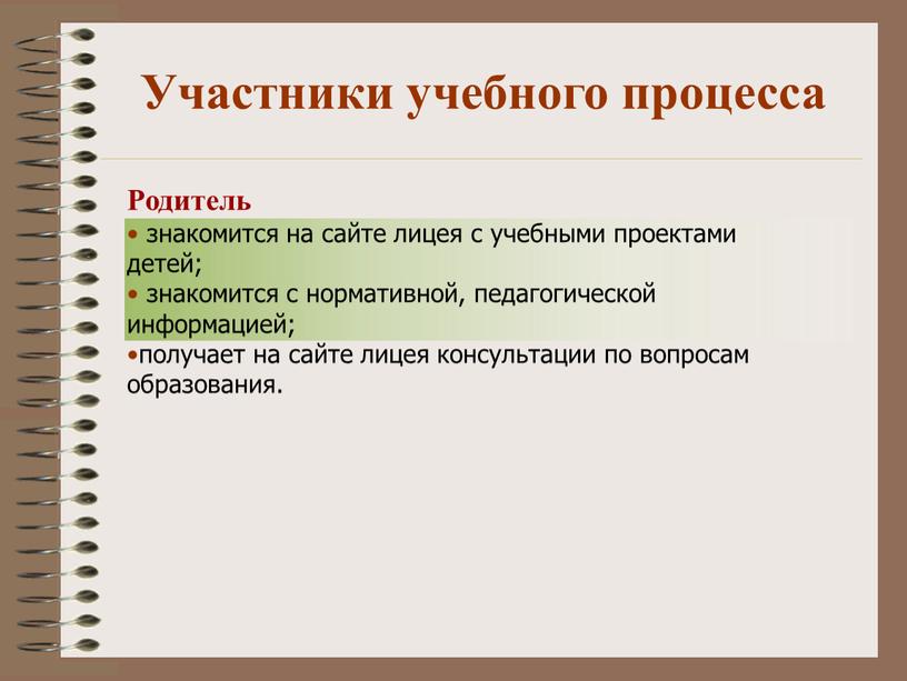 Участники учебного процесса Родитель знакомится на сайте лицея с учебными проектами детей; знакомится с нормативной, педагогической информацией; получает на сайте лицея консультации по вопросам образования