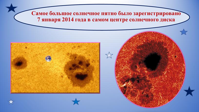 Самое большое солнечное пятно было зарегистрировано 7 января 2014 года в самом центре солнечного диска