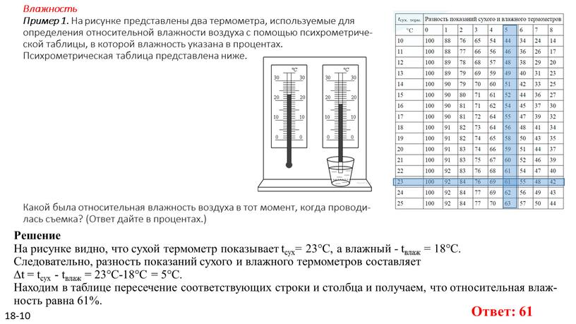 Влажность Пример 1. На ри­сун­ке пред­став­ле­ны два тер­мо­мет­ра, ис­поль­зу­е­мые для опре­де­ле­ния от­но­си­тель­ной влаж­но­сти воз­ду­ха с по­мо­щью пси­хро­мет­ри­че­ской таб­ли­цы, в ко­то­рой влаж­ность ука­за­на в про­цен­тах