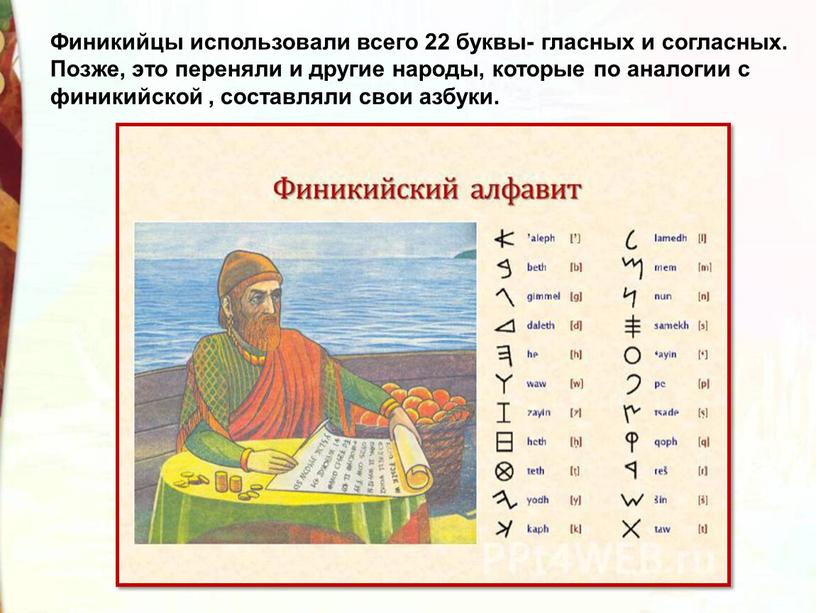 Финикийцы использовали всего 22 буквы- гласных и согласных
