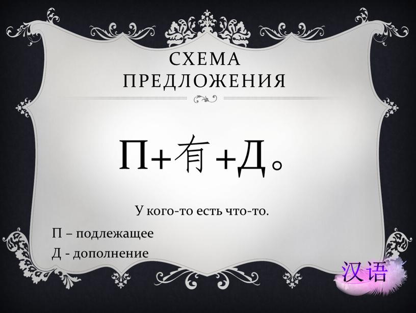 Схема предложения П+有+Д。 У кого-то есть что-то