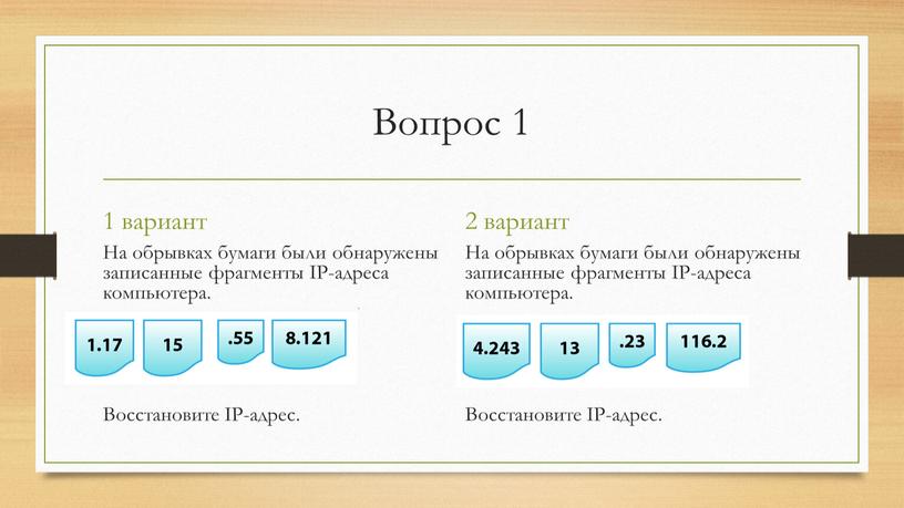 Вопрос 1 1 вариант На обрывках бумаги были обнаружены записанные фрагменты