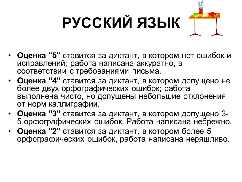 РУССКИЙ ЯЗЫК Диктант Оценка "5" ставится за диктант, в котором нет ошибок и исправлений; работа написана аккуратно, в соответствии с требованиями письма