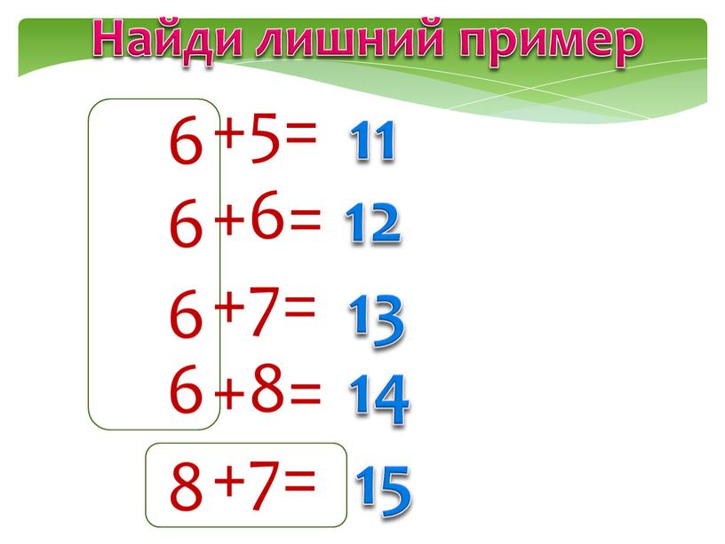 Найди лишний пример +5= +6= +7= +8= +7= 11 12 13 14 15