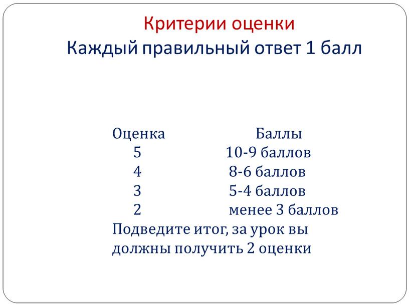 Критерии оценки Каждый правильный ответ 1 балл