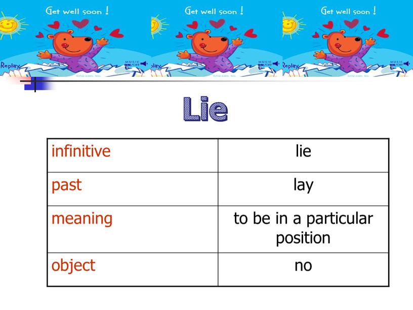 infinitive lie past lay meaning to be in a particular position object no Lie