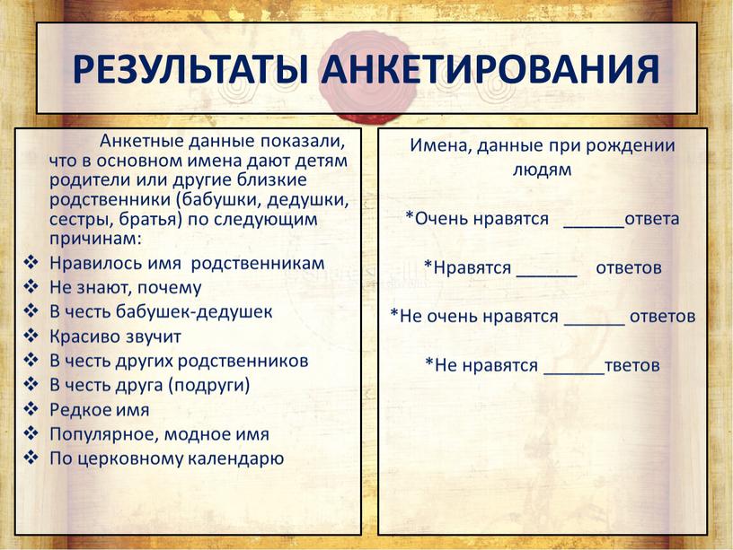 РЕЗУЛЬТАТЫ АНКЕТИРОВАНИЯ Анкетные данные показали, что в основном имена дают детям родители или другие близкие родственники (бабушки, дедушки, сестры, братья) по следующим причинам: