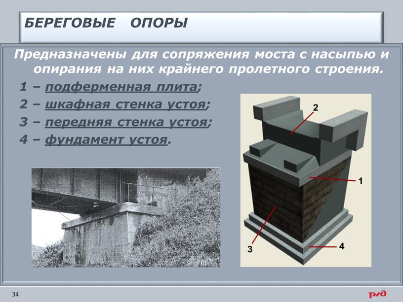 БЕРЕГОВЫЕ ОПОРЫ Предназначены для сопряжения моста с насыпью и опирания на них крайнего пролетного строения