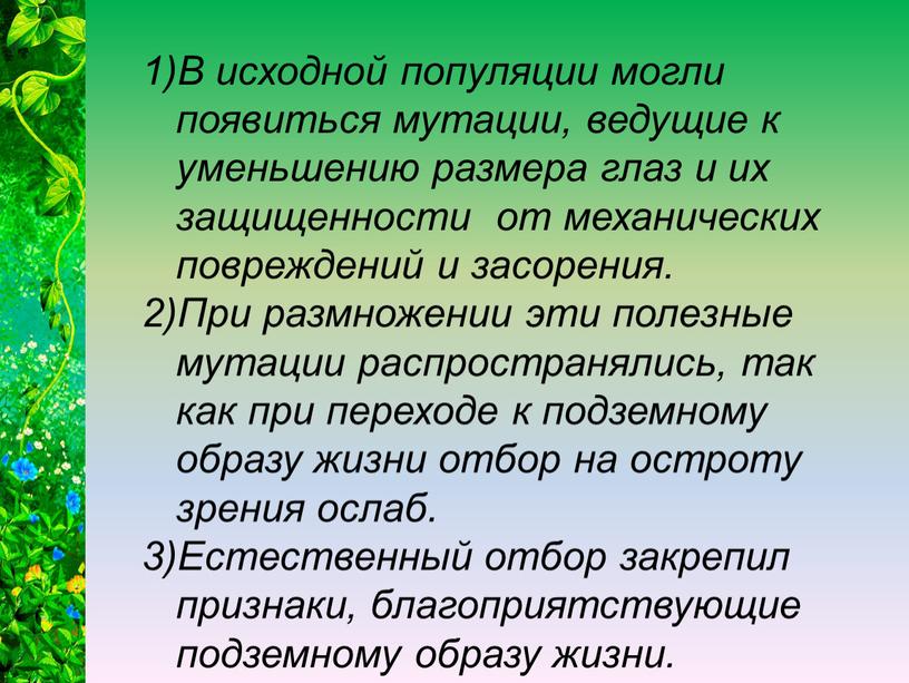 В исходной популяции могли появиться мутации, ведущие к уменьшению размера глаз и их защищенности от механических повреждений и засорения