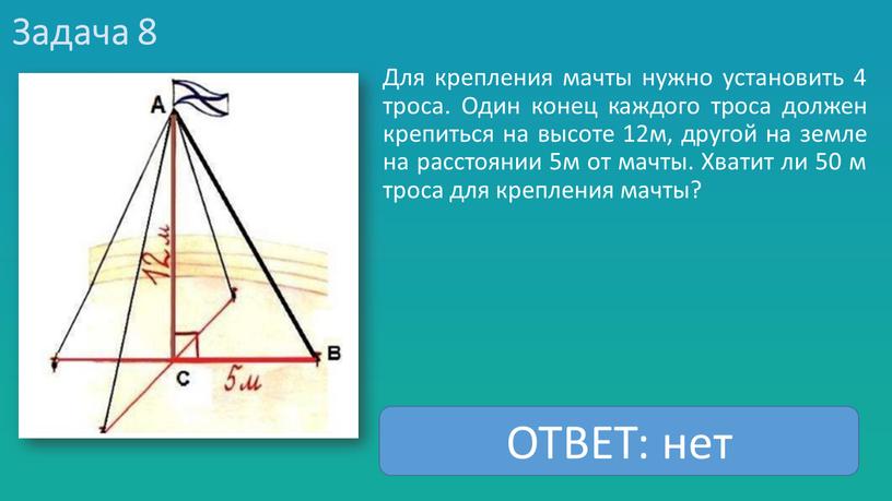 Задача 8 Для крепления мачты нужно установить 4 троса