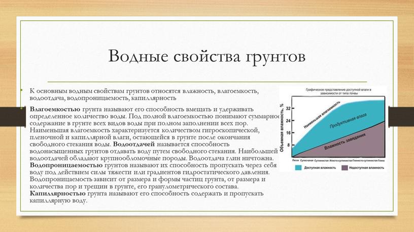 Водные свойства грунтов К основным водным свойствам грунтов относятся влажность, влагоемкость, водоотдача, водопроницаемость, капиллярность