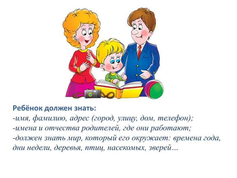 Ребёнок должен знать: -имя, фамилию, адрес (город, улицу, дом, телефон); -имена и отчества родителей, где они работают; -должен знать мир, который его окружает: времена года,…