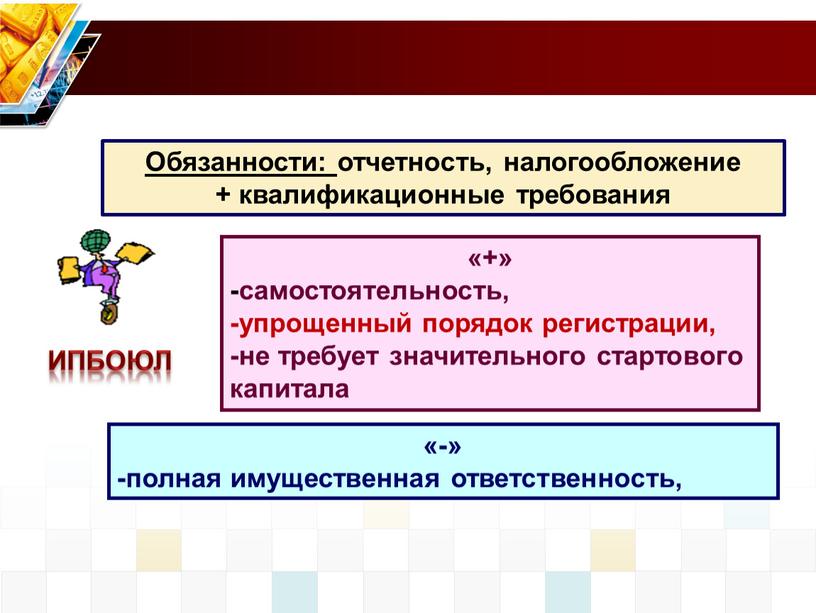 Обязанности: отчетность, налогообложение + квалификационные требования «+» -самостоятельность, -упрощенный порядок регистрации, -не требует значительного стартового капитала «-» -полная имущественная ответственность,