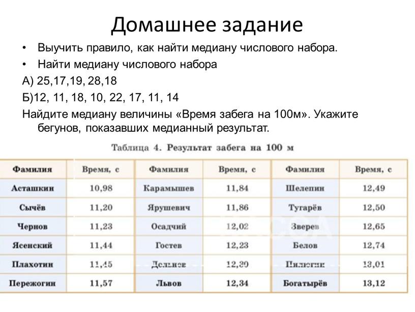 Домашнее задание Выучить правило, как найти медиану числового набора