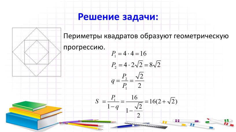 Решение задачи: Периметры квадратов образуют геометрическую прогрессию