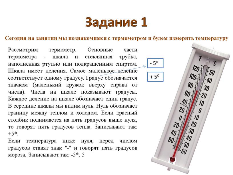Задание 1 Сегодня на занятии мы познакомимся с термометром и будем измерять температуру
