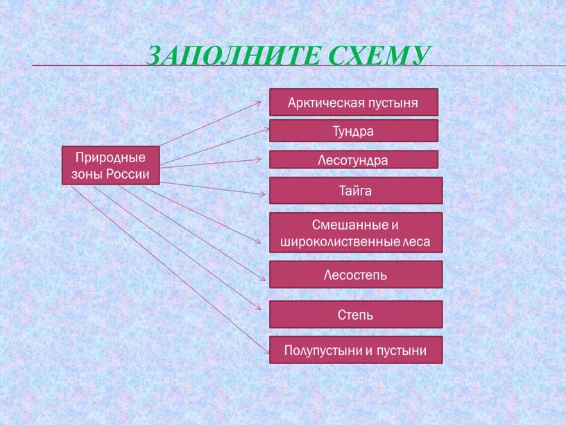 Заполните схему Природные зоны