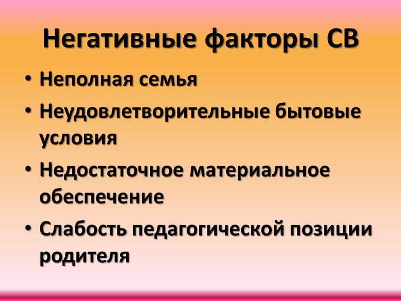 Негативные факторы СВ Неполная семья