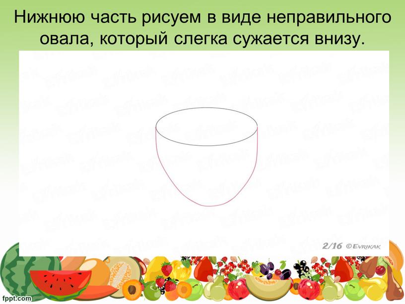 Нижнюю часть рисуем в виде неправильного овала, который слегка сужается внизу