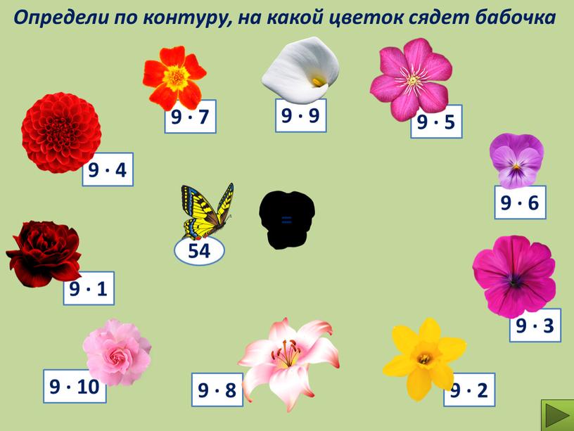 Определи по контуру, на какой цветок сядет бабочка 9 ∙ 7 9 ∙ 9 54 =
