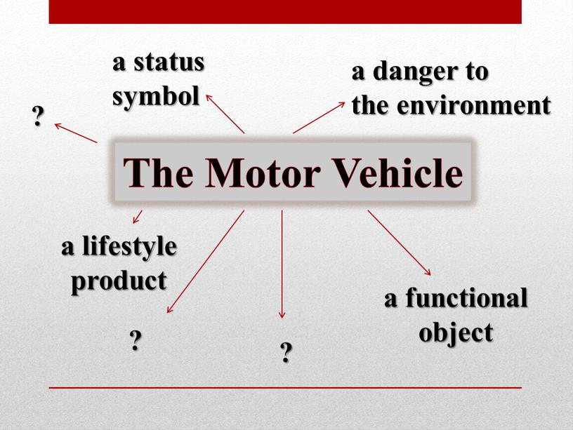 The Motor Vehicle ? ? a danger to the environment ? a status symbol a lifestyle product a functional object