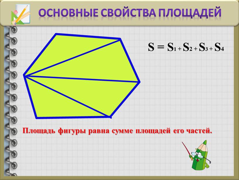 S = S1 + S2 + S3 + S4 Площадь фигуры равна сумме площадей его частей