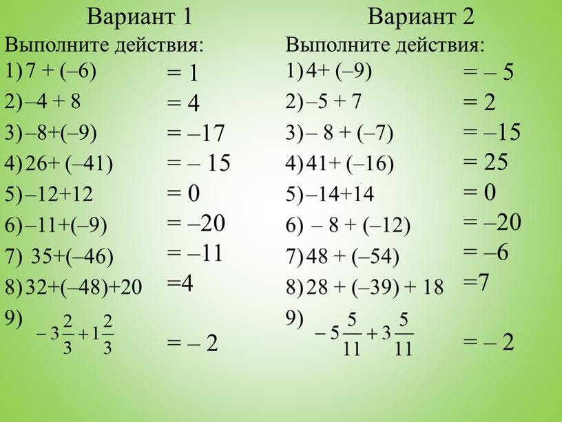 Вариант 1 Выполните действия: 7 + (–6) –4 + 8 –8+(–9) 26+ (–41) –12+12 –11+(–9) 35+(–46) 32+(–48)+20