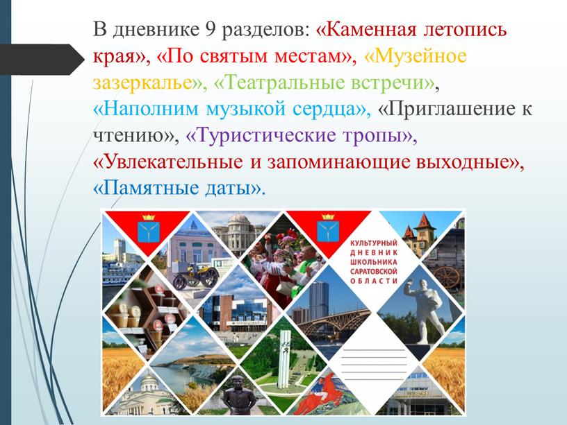 В дневнике 9 разделов: «Каменная летопись края», «По святым местам», «Музейное зазеркалье», «Театральные встречи», «Наполним музыкой сердца», «Приглашение к чтению», «Туристические тропы», «Увлекательные и запоминающие…