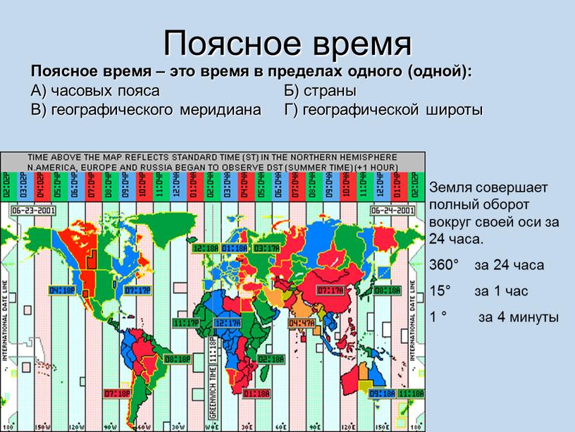 Поясное время Поясное время – это время в пределах одного (одной):