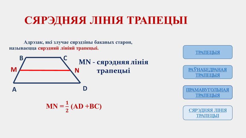 СЯРЭДНЯЯ ЛІНІЯ ТРАПЕЦЫІ Адрэзак, які злучае сярэдзіны бакавых старон, называецца сярэдняй лініяй трапецыі