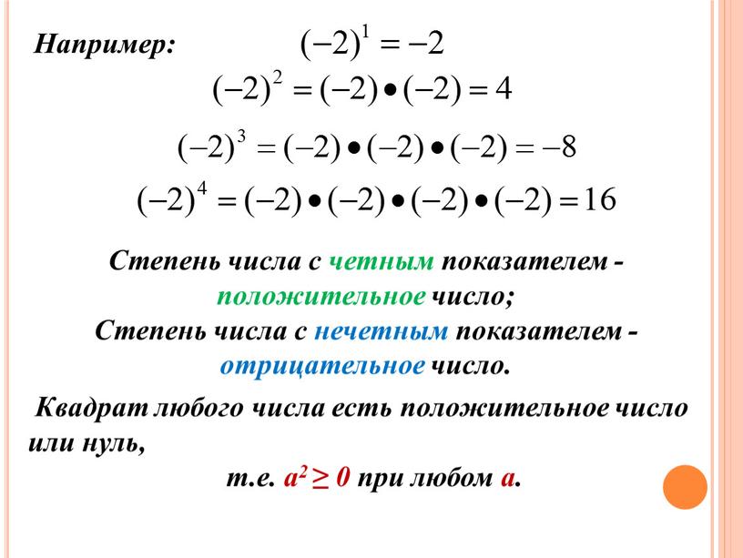 Степень числа с четным показателем - положительное число;