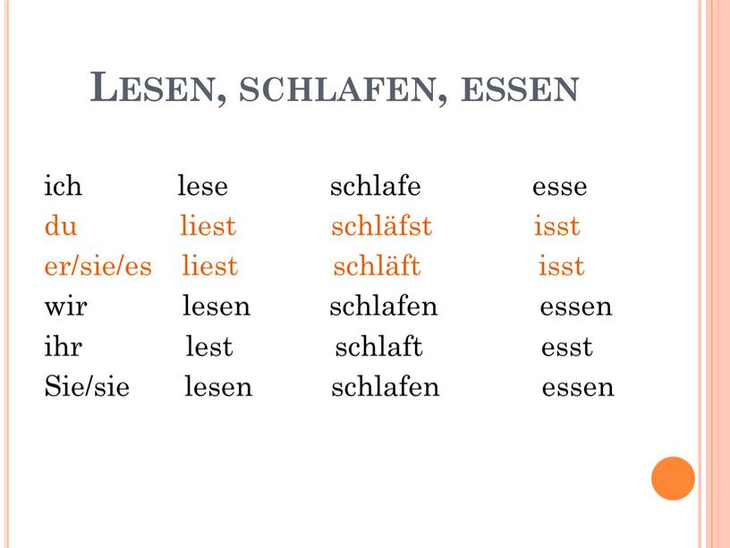 Lesen, schlafen, essen ich lese schlafe esse du liest schläfst isst er/sie/es liest schläft isst wir lesen schlafen essen ihr lest schlaft esst