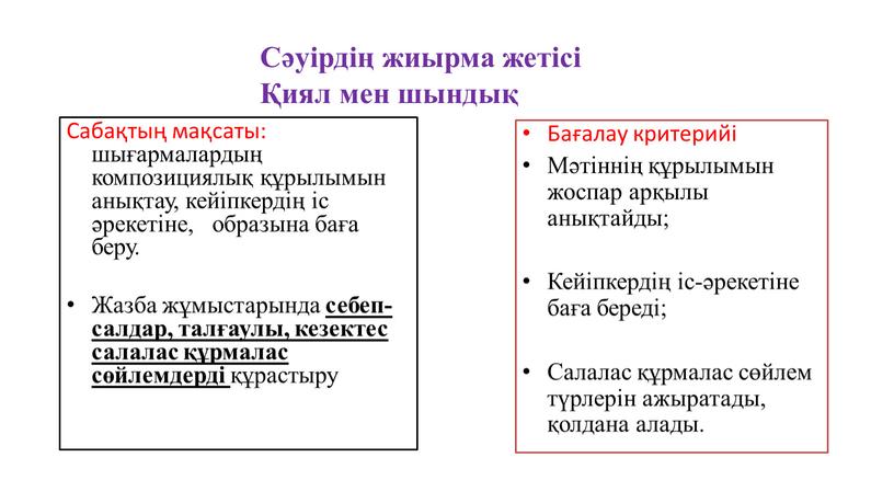 Сабақтың мақсаты: шығармалардың композициялық құрылымын анықтау, кейіпкердің іс әрекетіне, образына баға беру