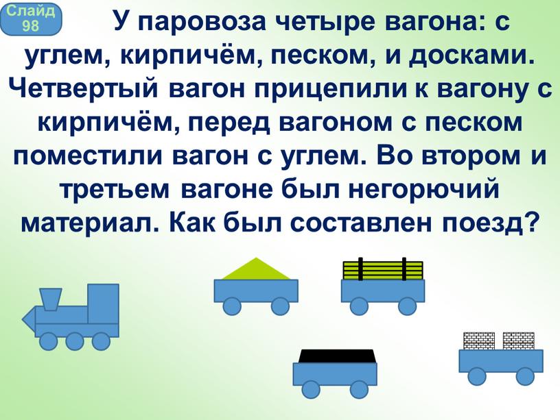 Слайд 98 У паровоза четыре вагона: с углем, кирпичём, песком, и досками