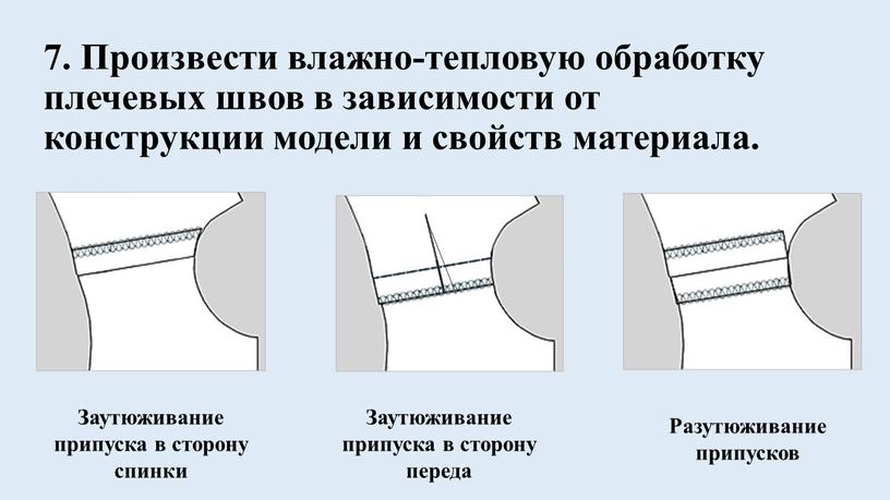 Произвести влажно-тепловую обработку плечевых швов в зависимости от конструкции модели и свойств материала