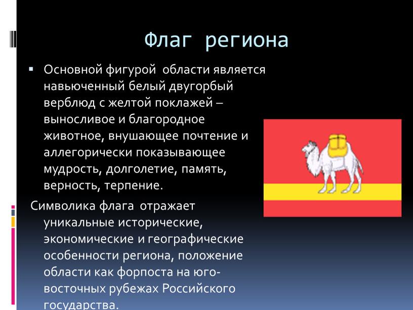 Флаг региона Основной фигурой области является навьюченный белый двугорбый верблюд с желтой поклажей – выносливое и благородное животное, внушающее почтение и аллегорически показывающее мудрость, долголетие,…