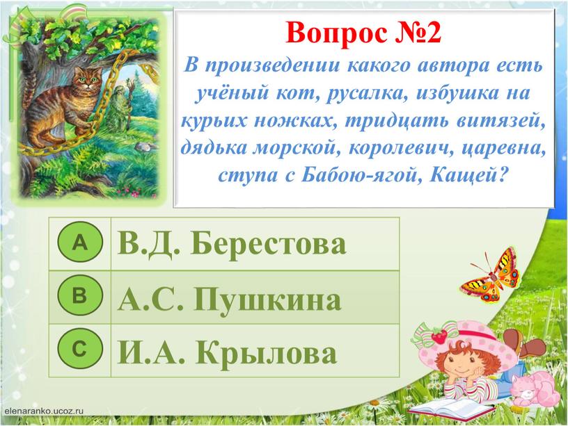 Вопрос №2 В произведении какого автора есть учёный кот, русалка, избушка на курьих ножках, тридцать витязей, дядька морской, королевич, царевна, ступа с