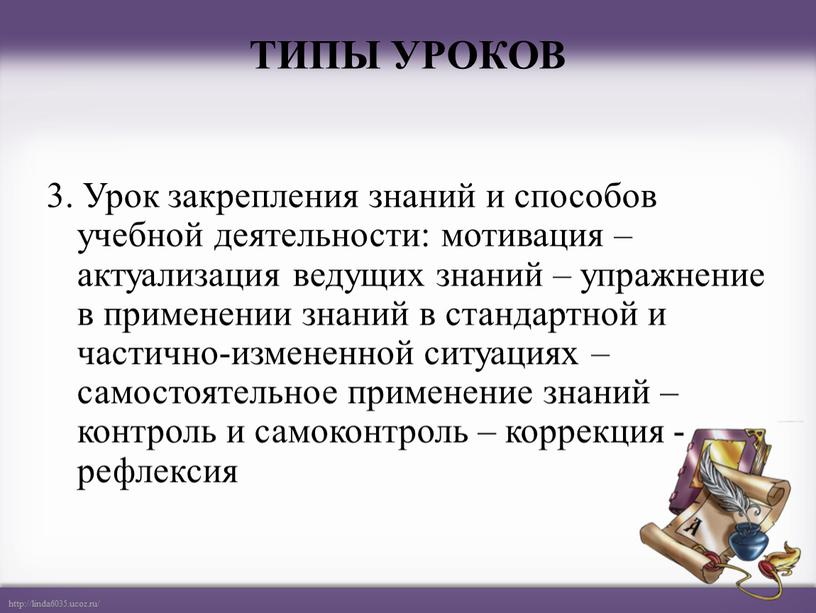 ТИПЫ УРОКОВ 3. Урок закрепления знаний и способов учебной деятельности: мотивация – актуализация ведущих знаний – упражнение в применении знаний в стандартной и частично-измененной ситуациях…