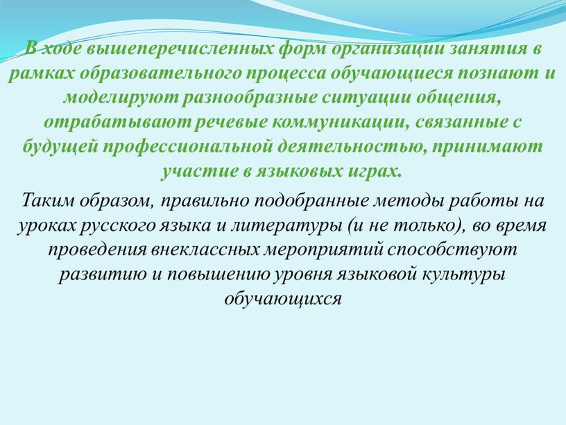 В ходе вышеперечисленных форм организации занятия в рамках образовательного процесса обучающиеся познают и моделируют разнообразные ситуации общения, отрабатывают речевые коммуникации, связанные с будущей профессиональной деятельностью,…