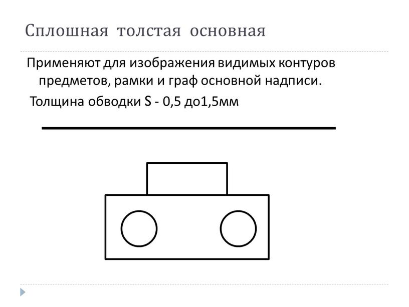 Сплошная толстая основная Применяют для изображения видимых контуров предметов, рамки и граф основной надписи