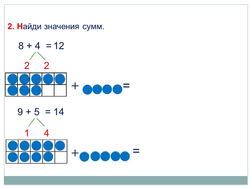 Н айди значения сумм. 9 + 5 = 14 1 4 + =