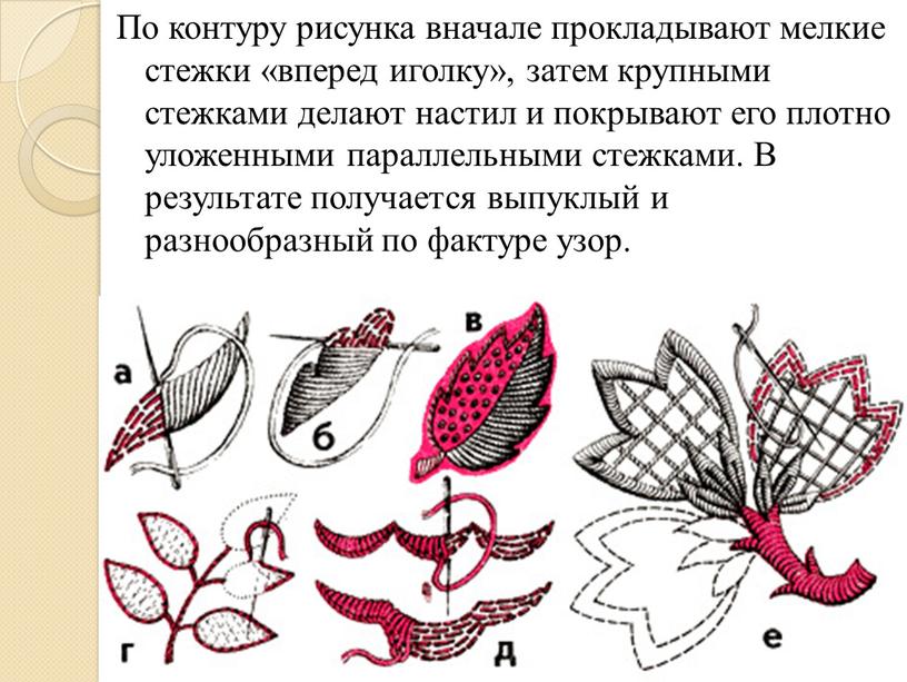 По контуру рисунка вначале прокладывают мелкие стежки «вперед иголку», затем крупными стежками делают настил и покрывают его плотно уложенными параллельными стежками