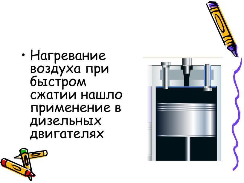 Нагревание воздуха при быстром сжатии нашло применение в дизельных двигателях