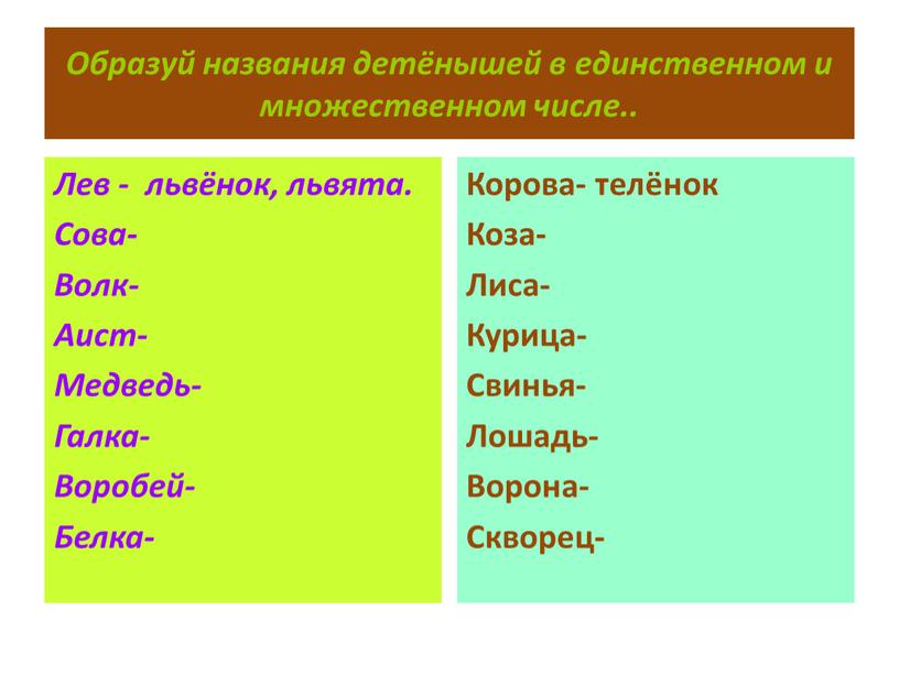 Образуй названия детёнышей в единственном и множественном числе