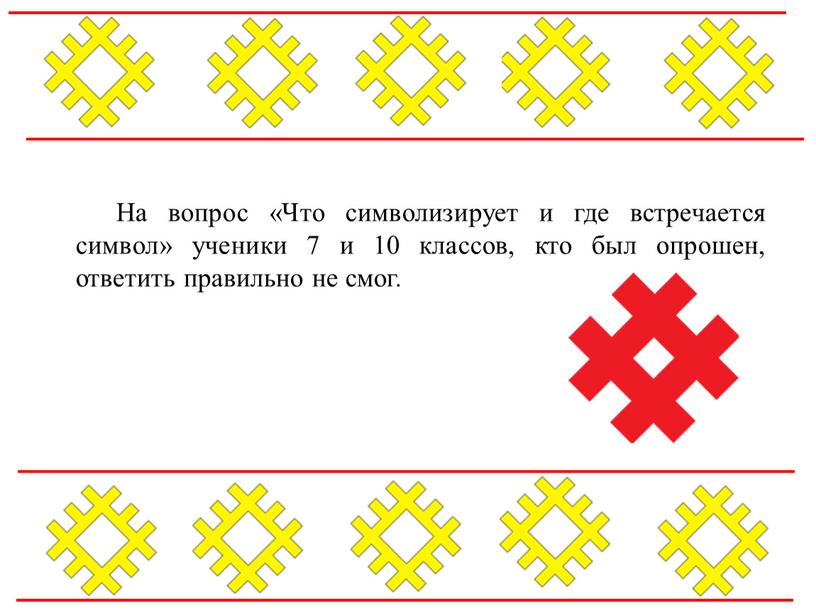 На вопрос «Что символизирует и где встречается символ» ученики 7 и 10 классов, кто был опрошен, ответить правильно не смог